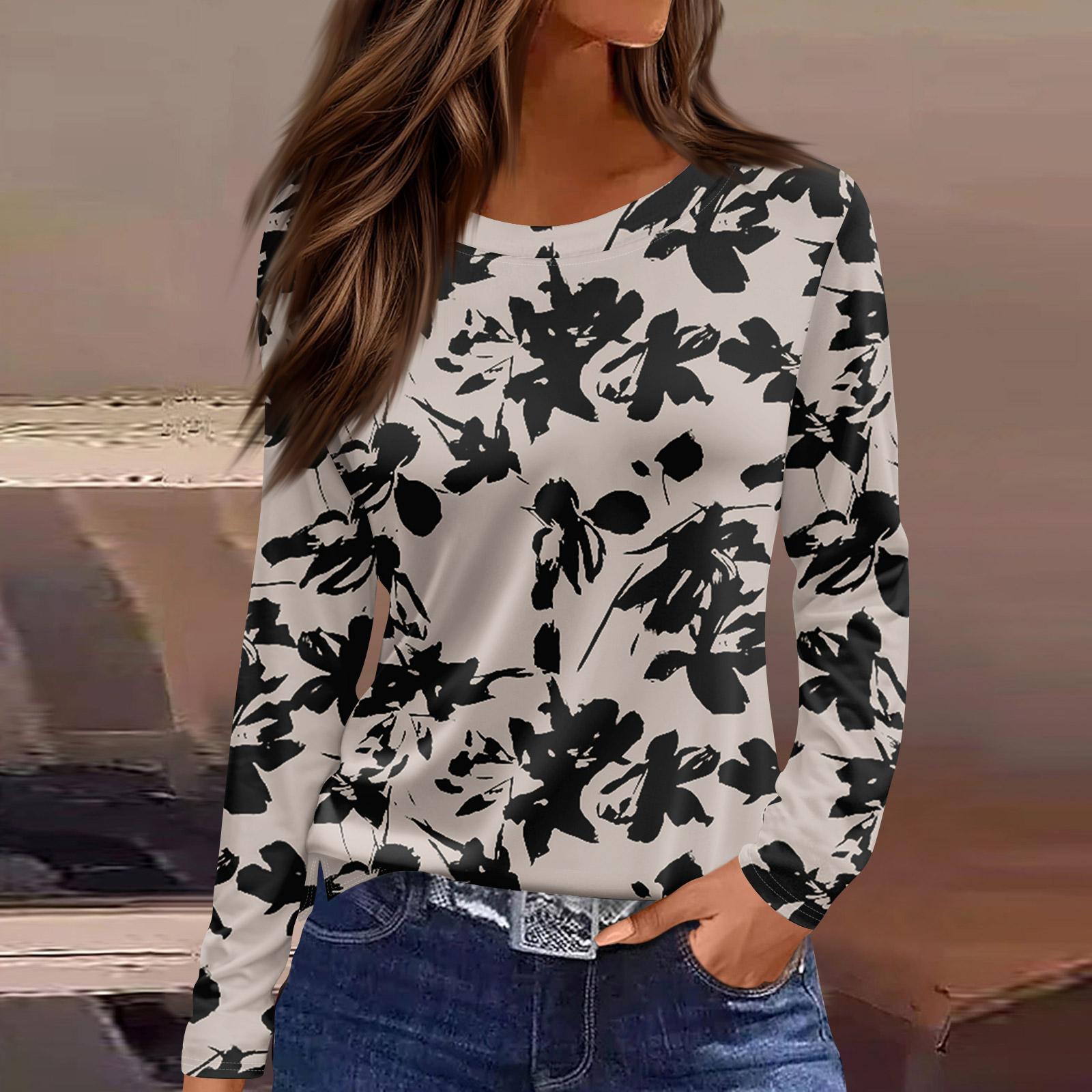 

Женская модная повседневная свободная футболка с разрезом и круглым вырезом с длинным рукавом с принтом, женский топ L