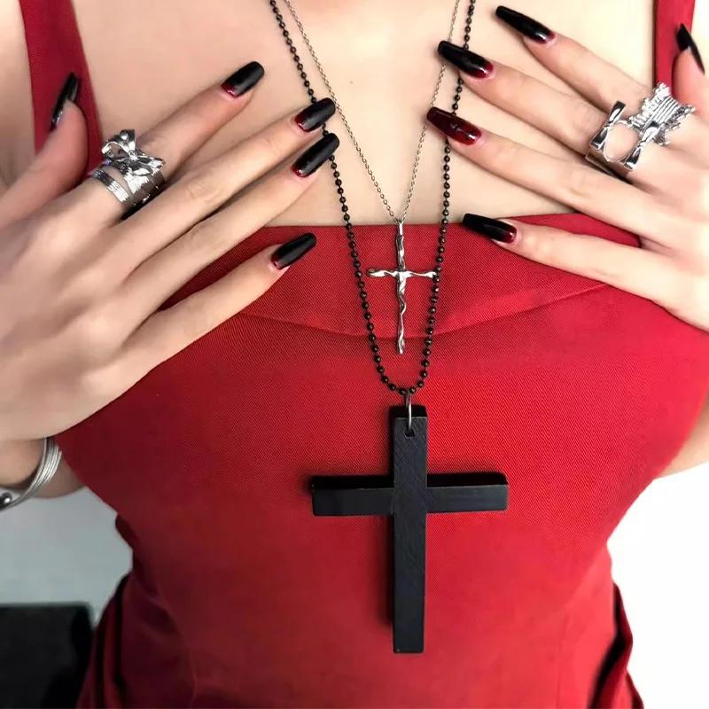 Halloween Jewelry Men & Women Gothic Vintage Dark Fashion Funny Whimsical Wooden Cross Pendant Necklace for Sweater