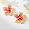 One Pair of Pink Enamel Five-Petal Flower Earrings with Pleated Design for Women.