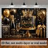 2D Plane Queen's Birthday Party Banner Background - Black and Gold Theme Featuring a Crown Cake. zyc