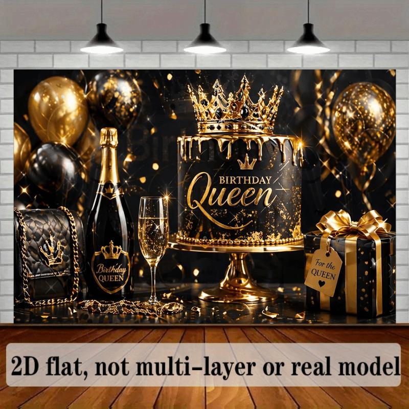 2D Plane Queen's Birthday Party Banner Background - Black and Gold Theme Featuring a Crown Cake. zyc