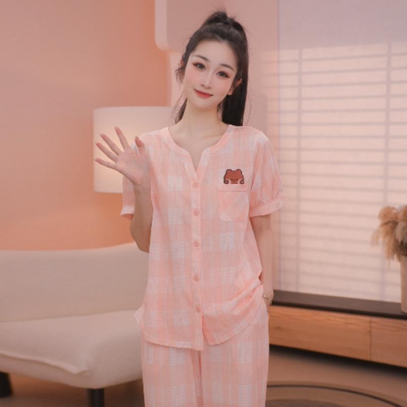 Fenteng [100% Xinjiang Cotton] Brown Bear Thin Cotton Silk Pajama Set for Women