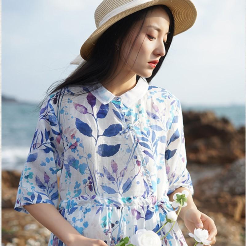 Johnature Women Vintage Bandage Dress Turn-down Collar Half Sleeve Print Floral Summer Button A-Line Dress