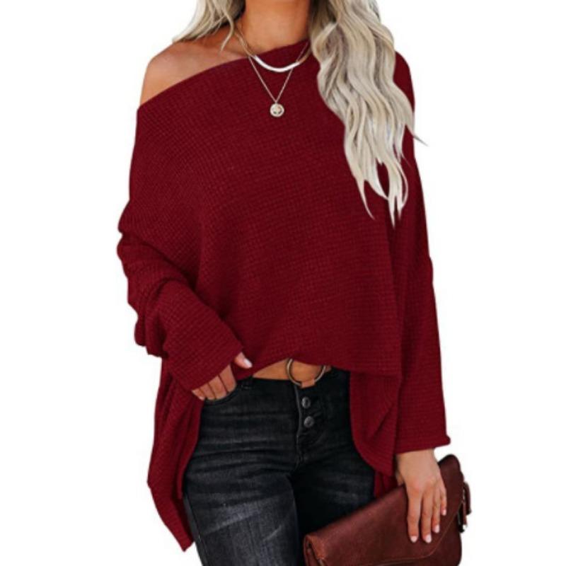 Spring Autumn Women T-shirt Casual Off Shoulder Long Sleeve Waffle Knit Pullover Sweater Pullovers Tops