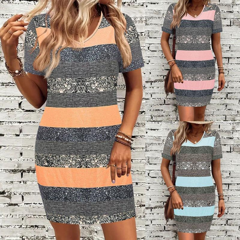 Women's Striped and Printed Fashionable and Casual V-neck Short-sleeved Dress