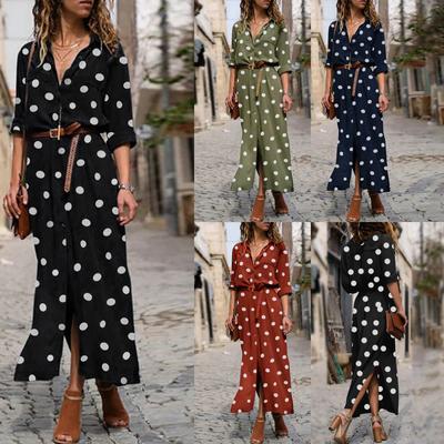 Damenmode, lässig, Polka-Dot-Druck, Revers, lange Ärmel, einreihige Nähte, lockere Taille, Saum, geteiltes Chiffon-Kleid