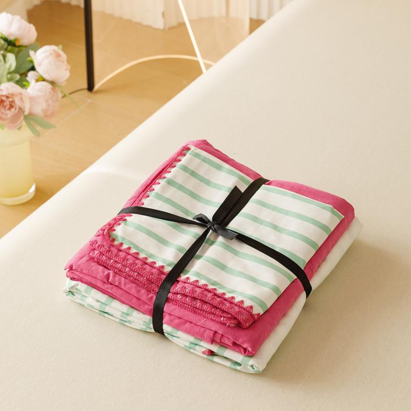 Ins Girls Green Striped Bedding Set Solid Color Soft Washed Cotton Bed Sheet Queen King Size Duvet Cover Set With Pillowcase