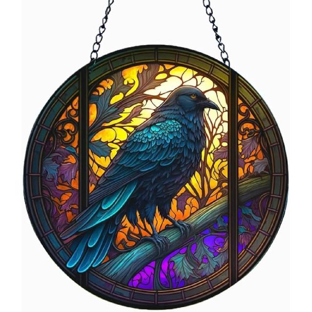 Crow and Raven Halloween Decor Stained Acrylic Window Hanging Glossy Finish, Crow Gothic Wall Decor Fall Horror Gifts for Bird Lovers, Halloween 7.9 /20cm