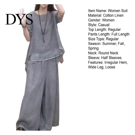 Blouse Pants Set 2 Pcs/Set Women Top Round Neck Half Sleeves Irregular Hem Dating Outfit Wide Leg Elastic Waist Trousers Daily Leisure Pantsuit