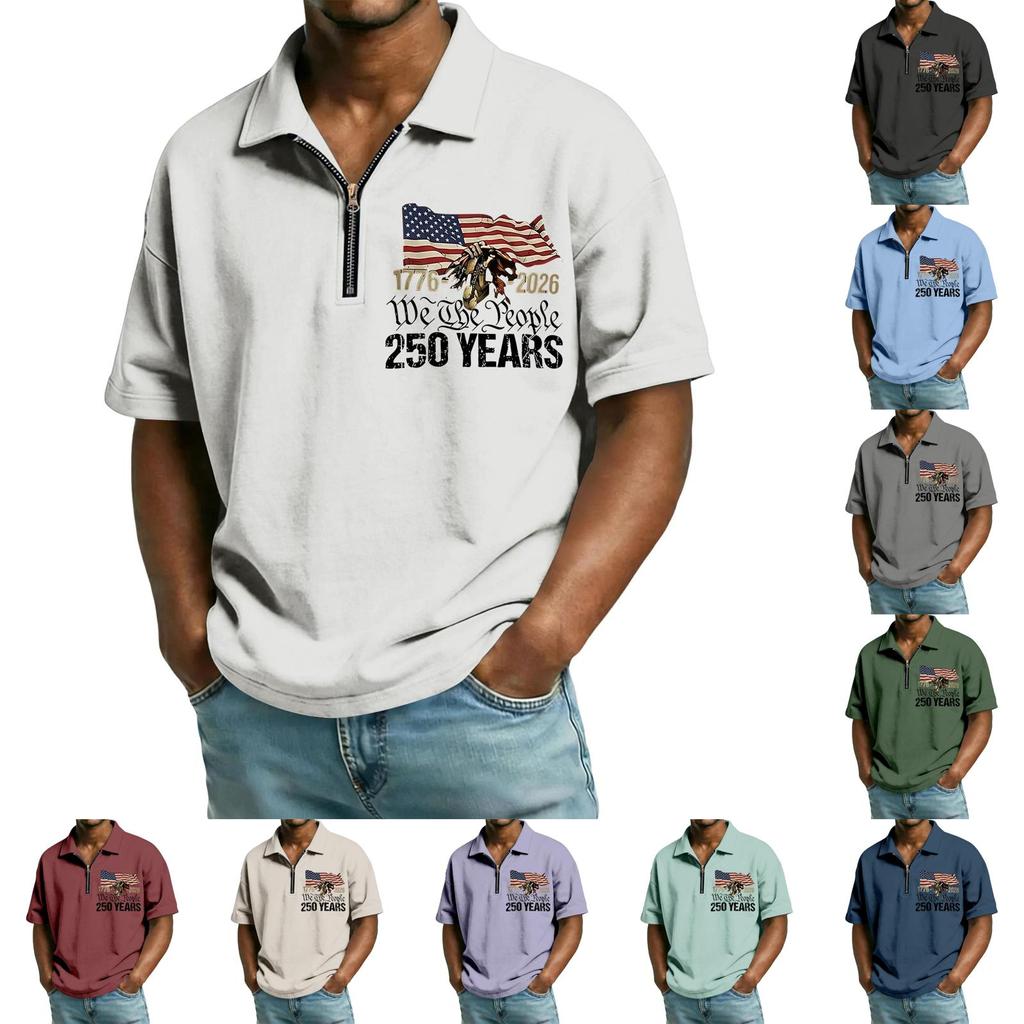 Men's Casual Loose Fit Polo Shirt Short Sleeve Top with Flag and Letter Print Zipper Collar Comfortable Summer Wear