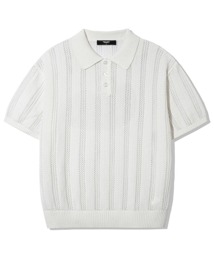 TRILLION Striped Curly Button Collar Short Sleeve Knit [Ivory]