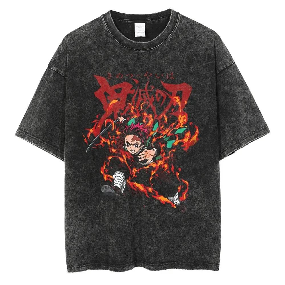 Men's  Black Washed  Anime  Graphic  T-shirt,  Harajuku Streetwear,  Summer  Cotton T-shirt, Short  Sleeve Vintage T-shirt