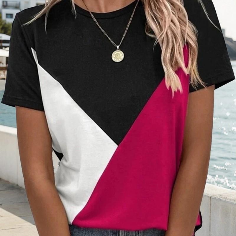 Womens Loose Fit Short Sleeve T-Shirt With 3D Digital Color Block Print Round Neck Casual Top