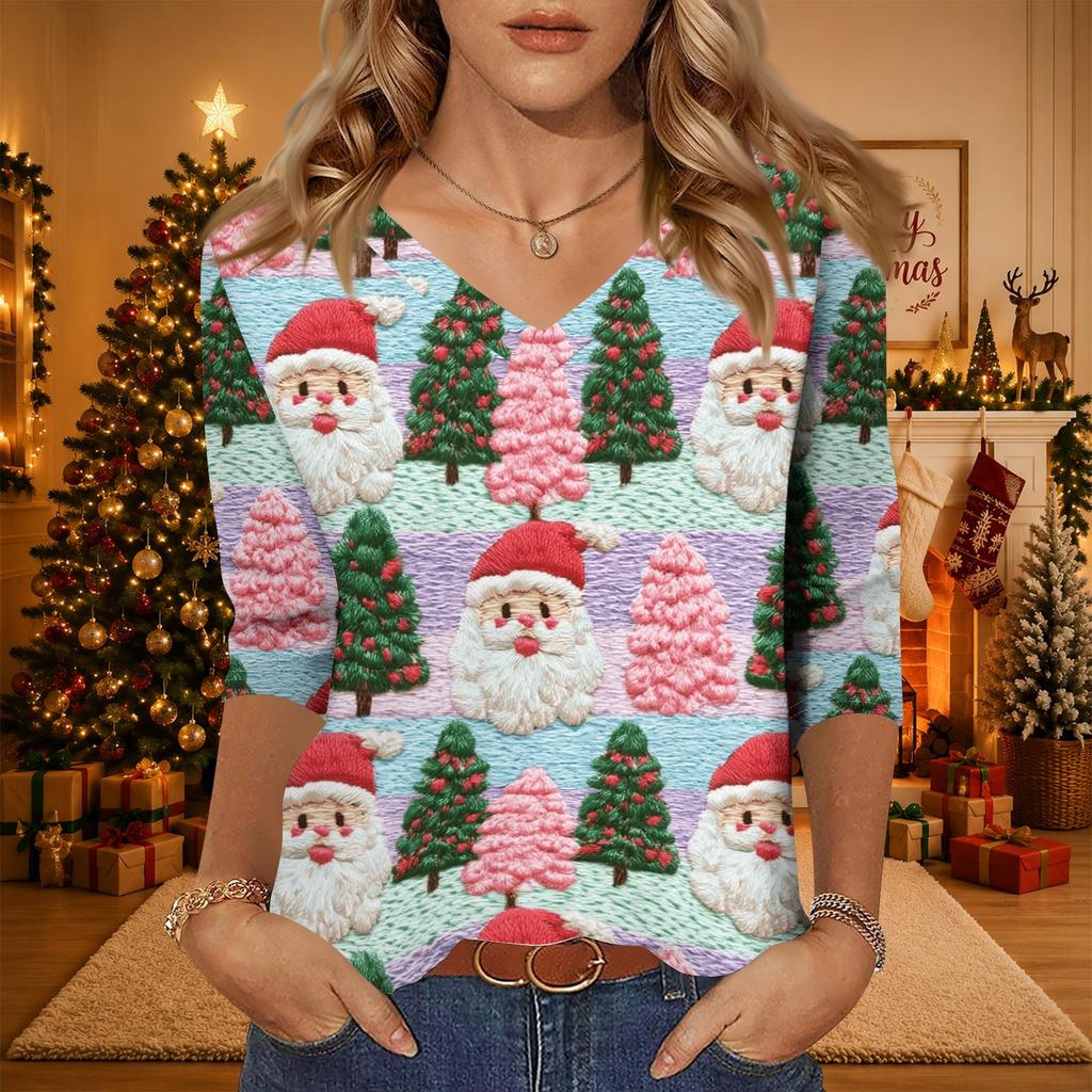 Women's Christmas Print V-Neck Three-Quarter Sleeve Casual Loose Fit Shirt