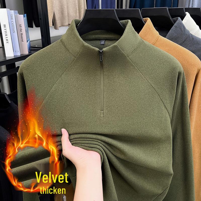Men's Luxury 700g Velvet-Lined Stand Collar Half-Zip Heavyweight Hoodie - Warm, Lightweight, Autumn/Winter Solid Color.