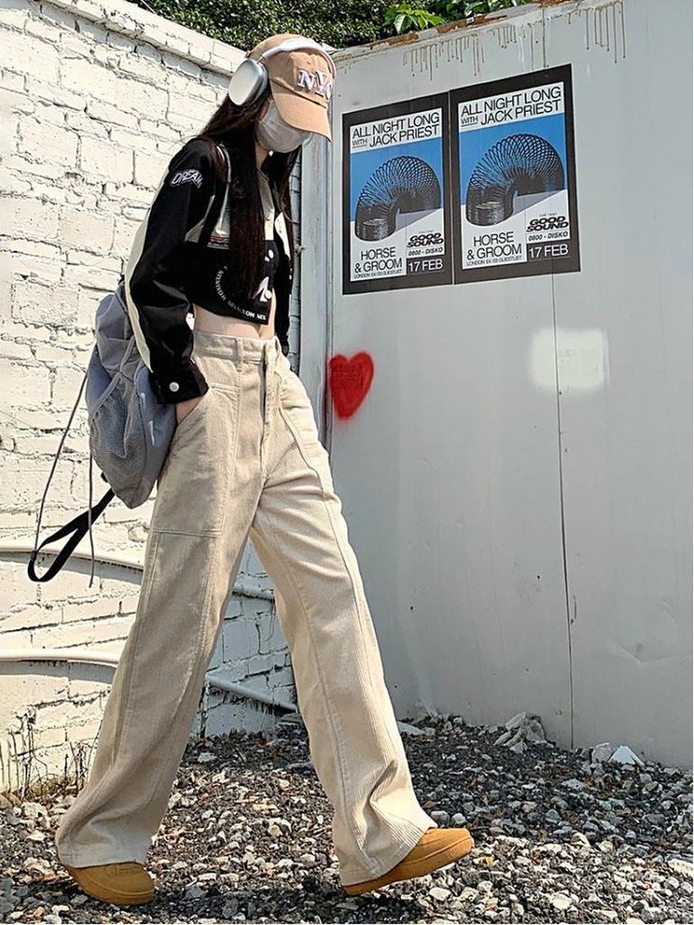 Pantaloni din Velur și Catifea côtelată Maro Retro Toamnă/Iarnă cu Crăpătură pe Picior Lărgit pentru Femei Înalte Talie Înaltă Colanți Lungi