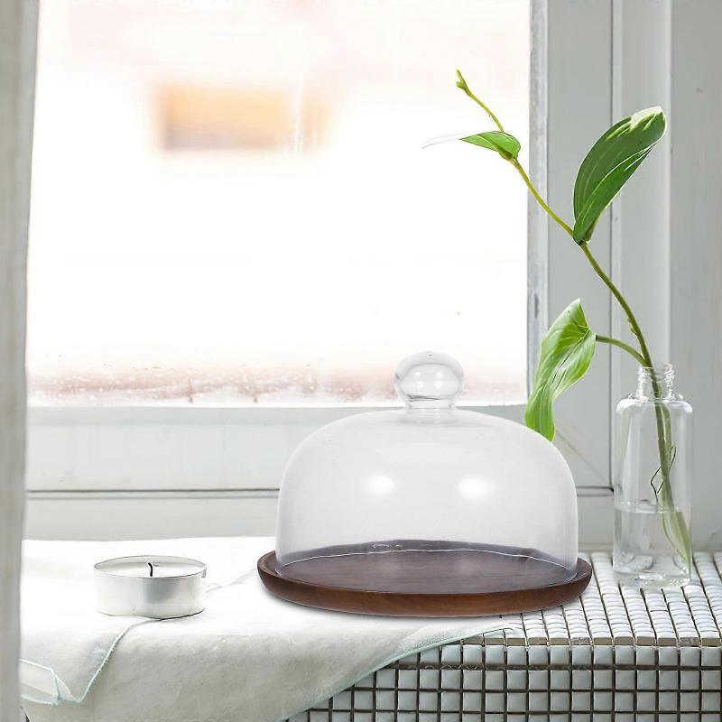 Elegant Design Wood Cake Plate With Dome For Home Users 20.30X20.30X15.50CM Food Protection 1Set