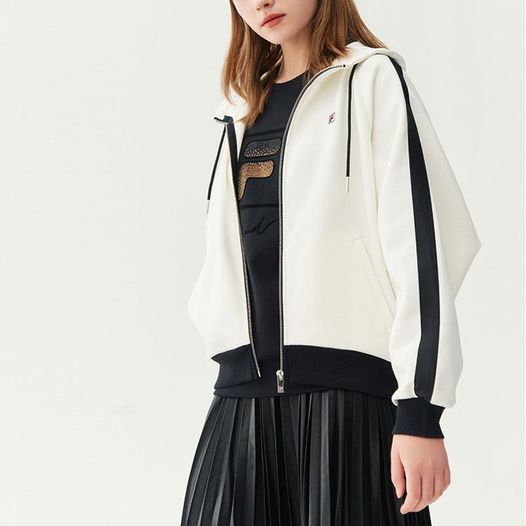 FILA Fleece Sports Knit Hooded Jacket Women jackets Cloud-Mushroom-White F11W118503FWT