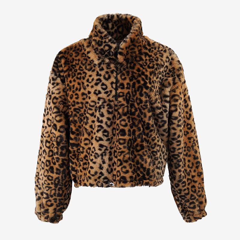 Popular Fluffy Leopard Print Pullover Sweater New Women's Zipper Stand-up Collar Long-sleeved Plush Jacket Women's Autumn and Winter