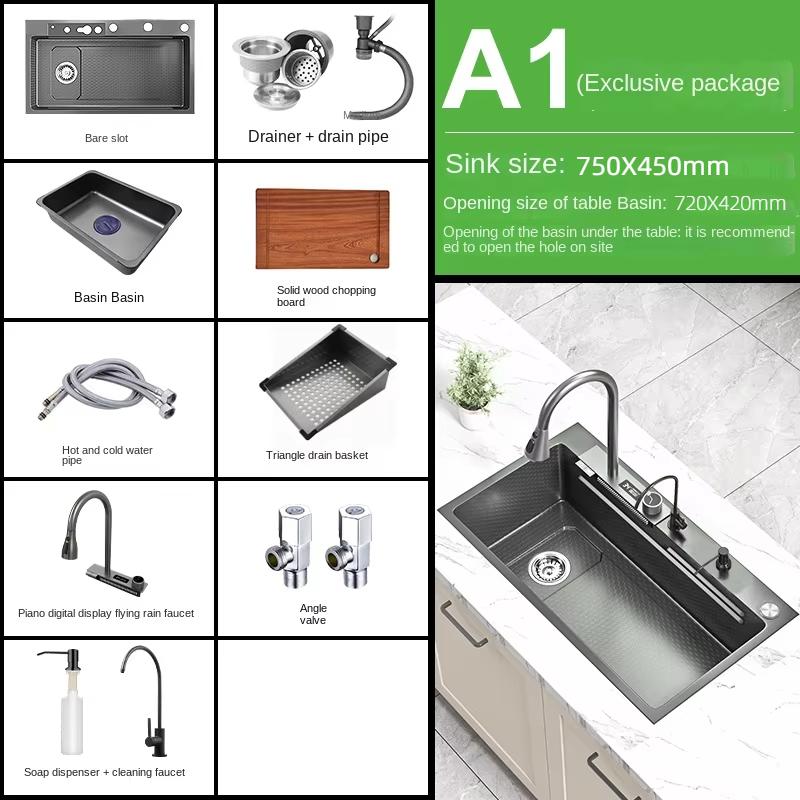 Kitchen Sink Waterfall Sink Temp Digital with cup washer Counter Controls Workstation Kitchen Sink single kitchen sinks Black