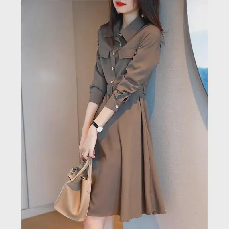 Plus Size Women's French Style Long Sleeve Slim Waist Polo Dress, 2024 Spring/Autumn Collection