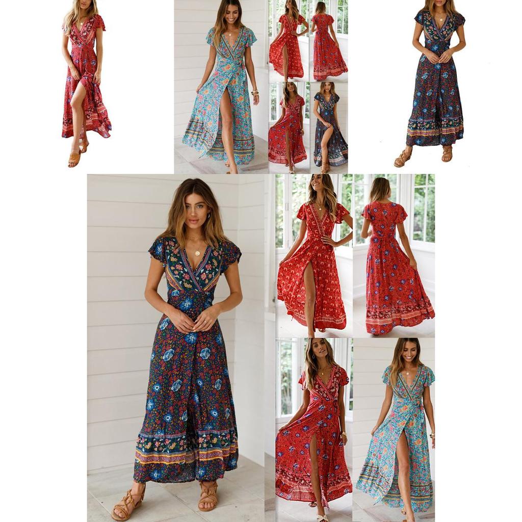 Elegant Women Wrap Summer Boho Floral Short Sleeve Maxi Print Dress For Holidays