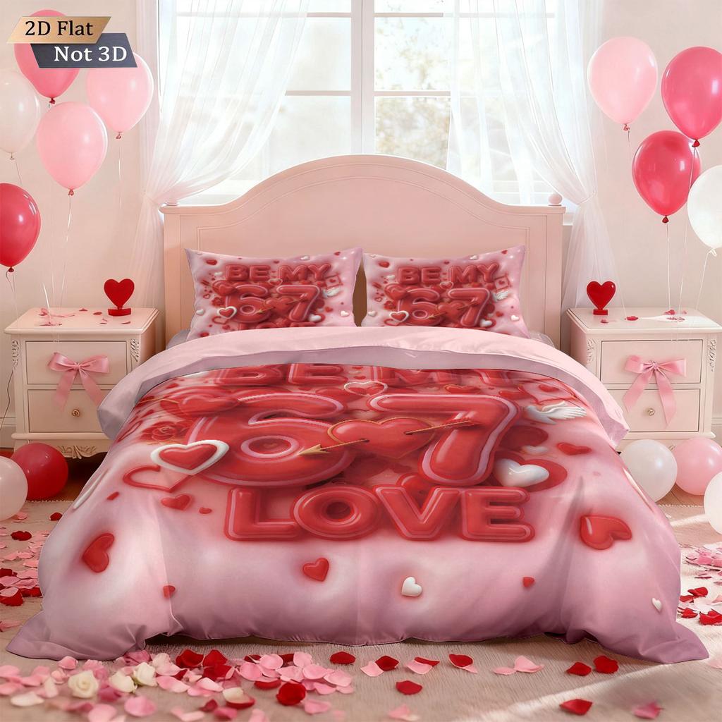 3pcs Valentine's Day Pink Romantic 67LOVE Print Coreless Down Duvet Cover Set Multi Size Bedroom Bedding Festival Decoration