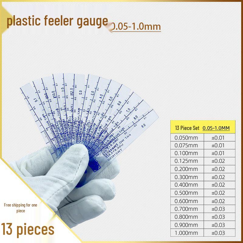 

Пластиковий набір щупів: Прокладки для товщини та зазорів 0,02-1,0 мм та 0,05-1,5 мм.