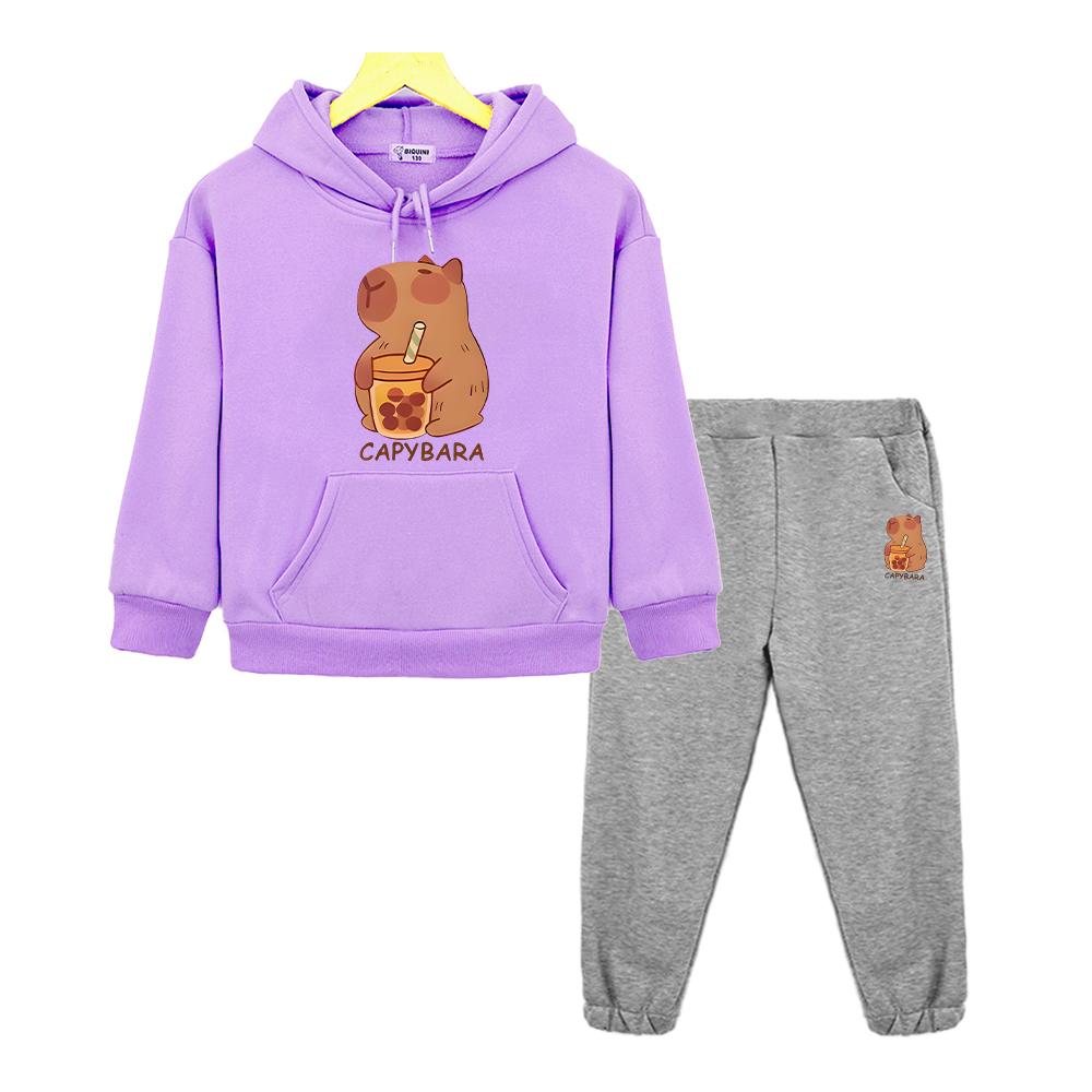 Capybara Milk Tea Anime Hoodie Fleece Sweatshirt Boy Girl Sports Hooded Sets Jacket 2pcs pullover+Pant Kids Boutique Clothes
