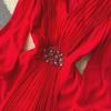 Elegant V-Neck Chiffon Dress with Waist-Cinching A-Line and Pleated Design