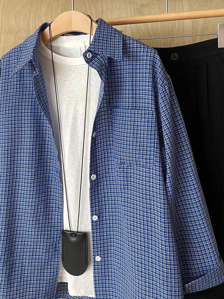 Miu Style Women's Blue Plaid Shirt Jacket - Loose College Layering for Early Autumn