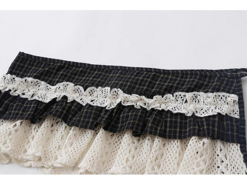 Authentic American Retro Plaid Ruffle Lace-Up Layered Skirt for Women