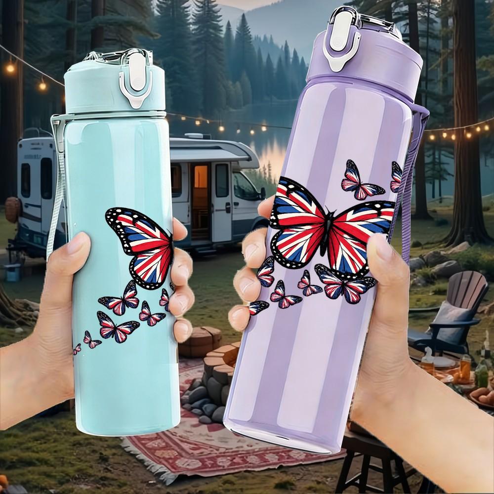 1PC Colorful Butterfly Floral Print 750ml Color Plastic Sports Water Bottle Leakproof Flip Straw Lid Suitable for Sports Office Home Use