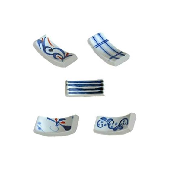 Tobe Ware Hand-Painted Classic Pattern Chopstick Rests (Set of 5) White/Blue Approx. D2.5 X W5.8 X H1.5cm Lattice, Arabesque, Tosa, Blue-Red