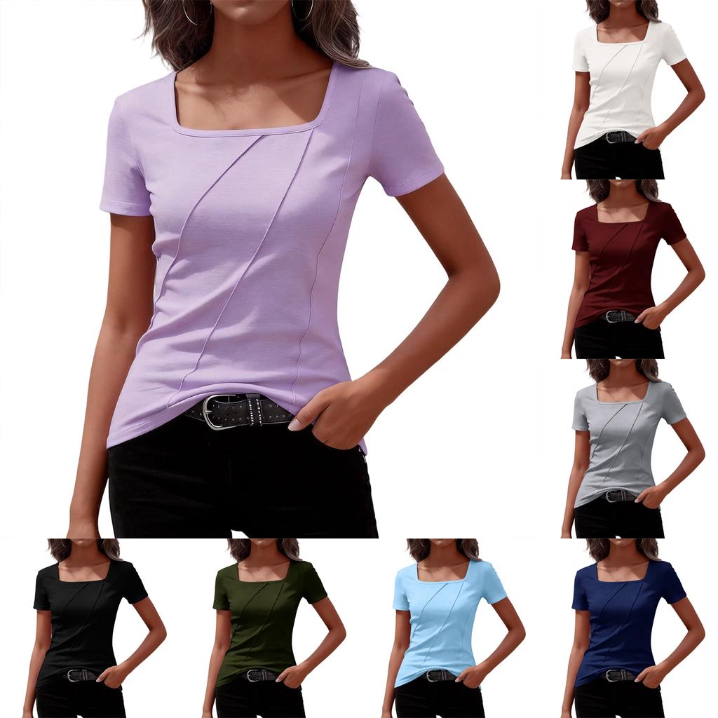 Women’s Fashion Elegant Square Neck Short Sleeve T-Shirt Top with Stripe for Casual and Office Wear