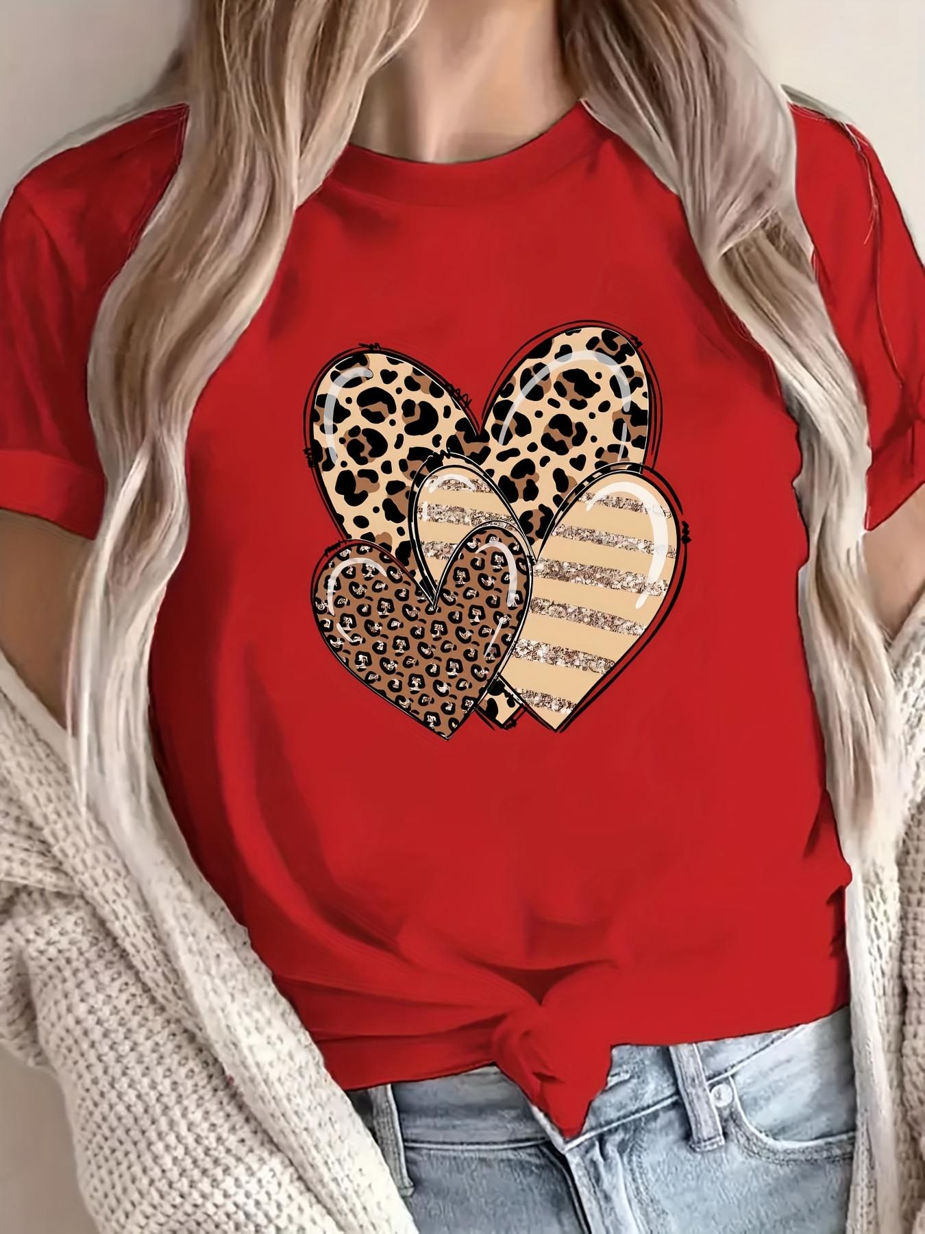 

Design Polyester Fabric Regular Length Casual Attire Leopard Women S Casual Sleeve T-Shirt Leopard Print Heart 4XL
