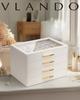 Vlando Glass Lid 4-Drawer Jewelry Box for Women - Organizer for Necklaces, Rings, Earrings, Bracelets, and Other Accessories - White Day Gift (Ivory)
