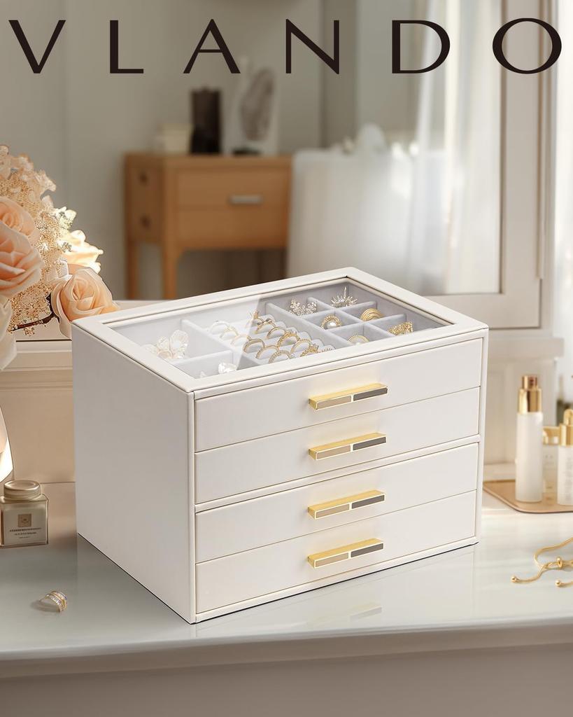 Vlando Glass Lid 4-Drawer Jewelry Box for Women - Organizer for Necklaces, Rings, Earrings, Bracelets, and Other Accessories - White Day Gift (Ivory)