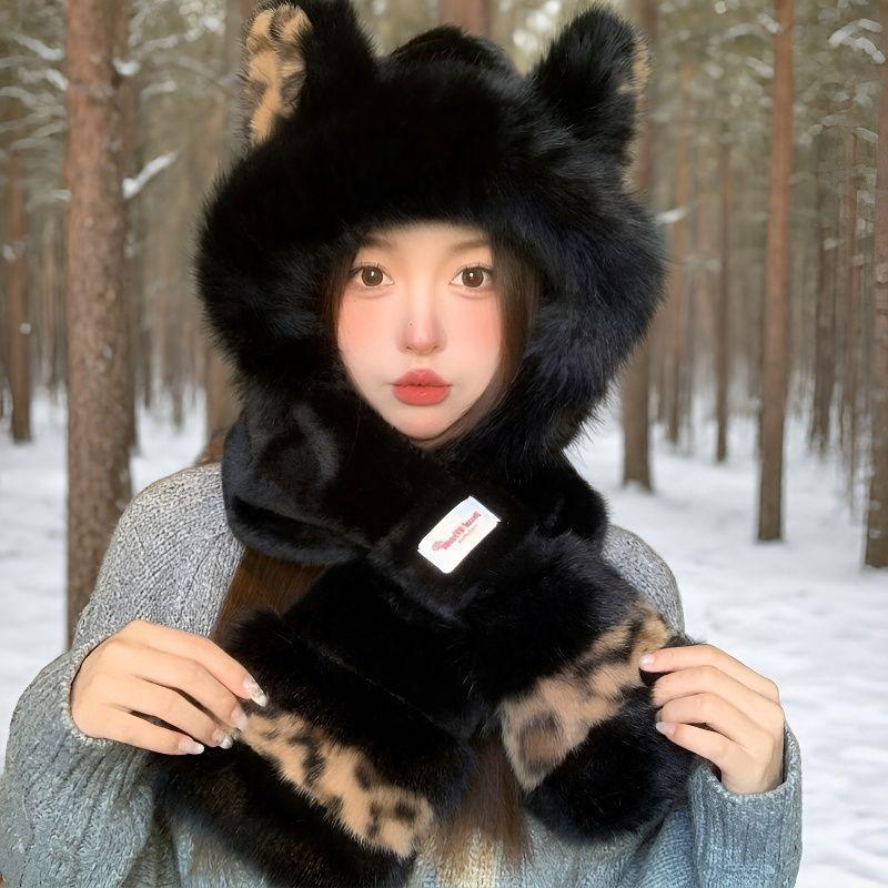 Leopard print splicing hat, scarf, two-piece set, thickened plush ears in autumn and winter, cute windproof integrated thermal hat woman