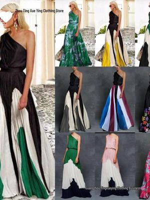 Spring/Summer Women's Off-Shoulder Color Block Patchwork Dress - Slim Fit Long Dress