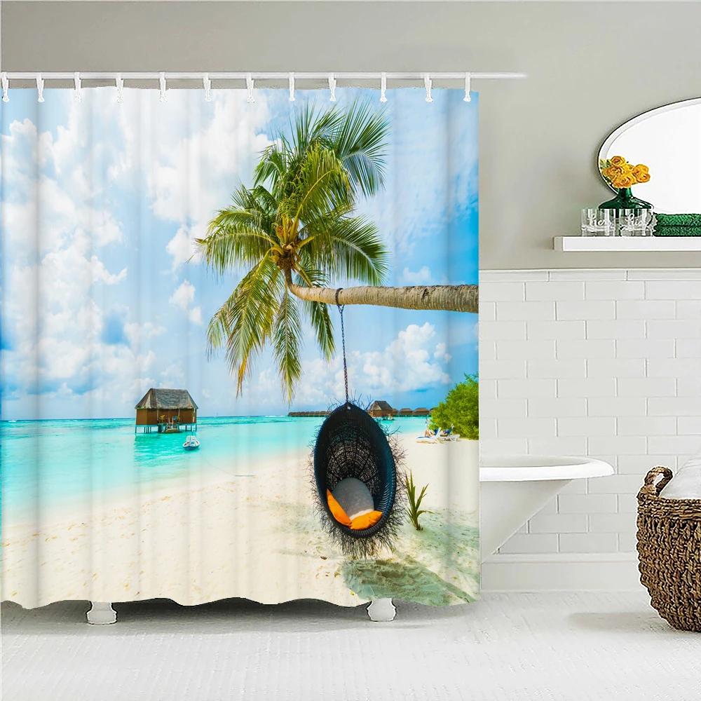 Sunny Beach Palme Meereslandschaft Stoff Duschvorhang Wasserdicht Polyester Badvorhänge für Badezimmer Dekorieren mit Haken