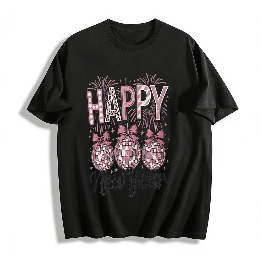 Retro Pink New Year Disco Ball Graphic Casual Top Pure cotton T-shirt XXS