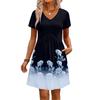 Modisches Damenkleid mit Print, V-Ausschnitt, kurzärmelig, locker, lässig, für den Strandurlaub