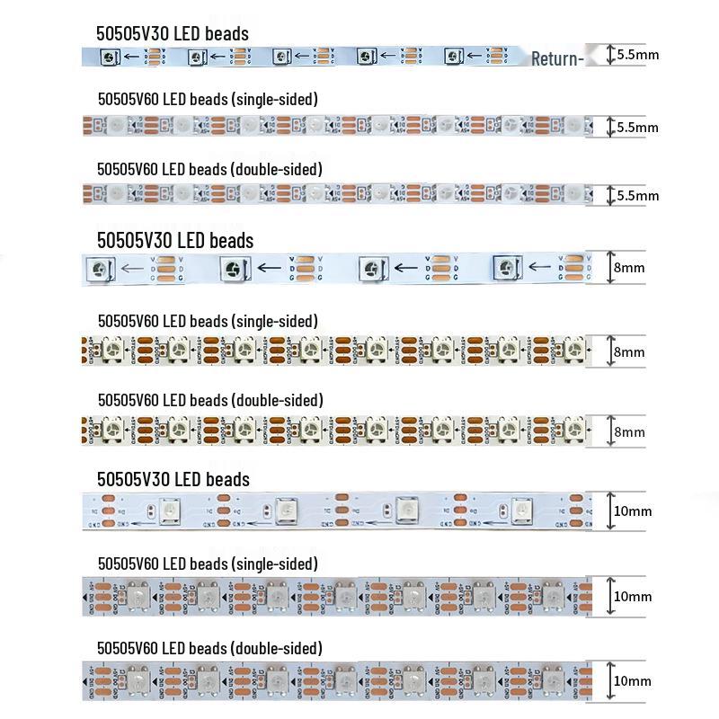 5050 LED Light Strip, 30 LEDs/m, Colorful Chasing, 5V Remote Control, Audio Reactive, Decorative, Cuttable