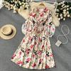 Summer new French retro collar lantern sleeve print dress high waist word skirt chiffon skirt big swing dress