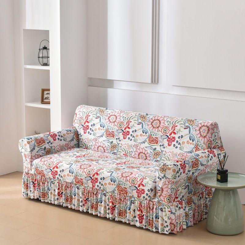 Floral Digital Print Elastic Sofa Cover with Ruffled Hem - Stretchy One-Piece Design, Adjustable Straps  Couch Covers for Sofa