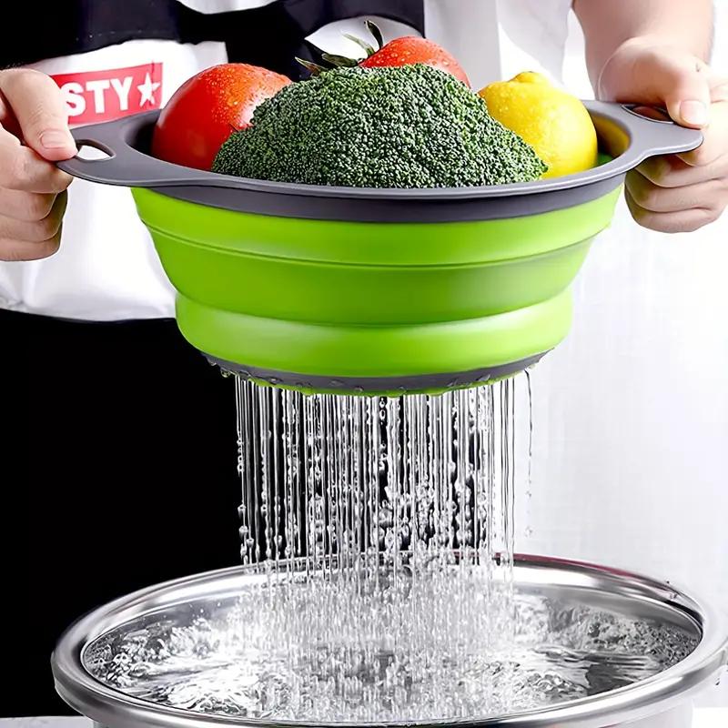 Foldable kitchen strainer, a small round strainer with a base and handle, suitable for pasta, fruits and vegetables