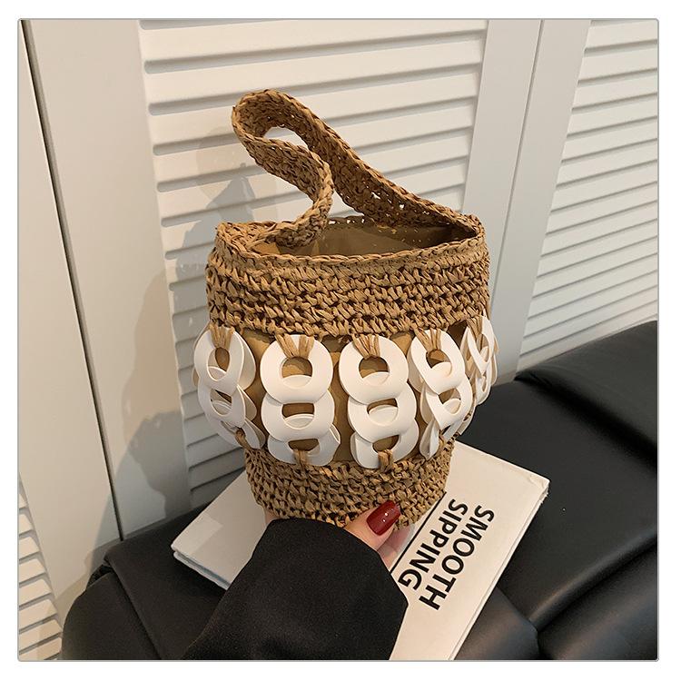 

Новая модная универсальная нишевая дизайнерская плетеная вручную сумка-ведро пляжная сумка женская соломенная сумка коричневый