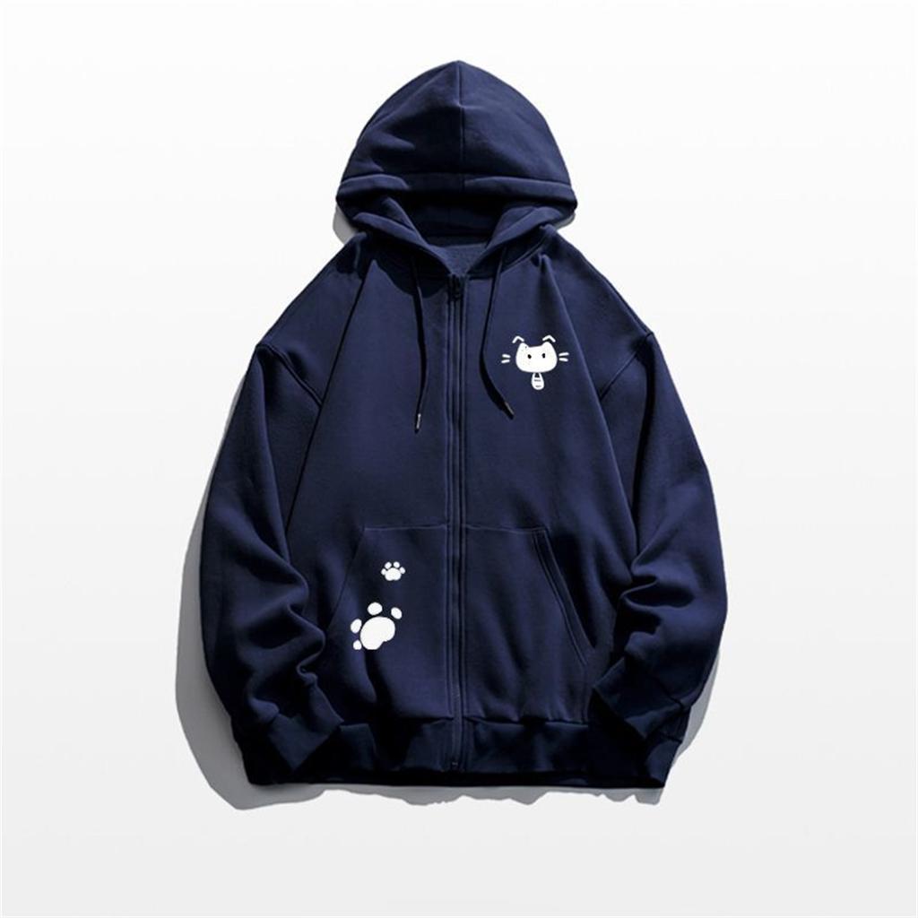 Spring And Autumn Thin Collection Fashion Trends Versatile Casual Lazy Wind Cute Girl Zipper Fun Cat Print Hooded