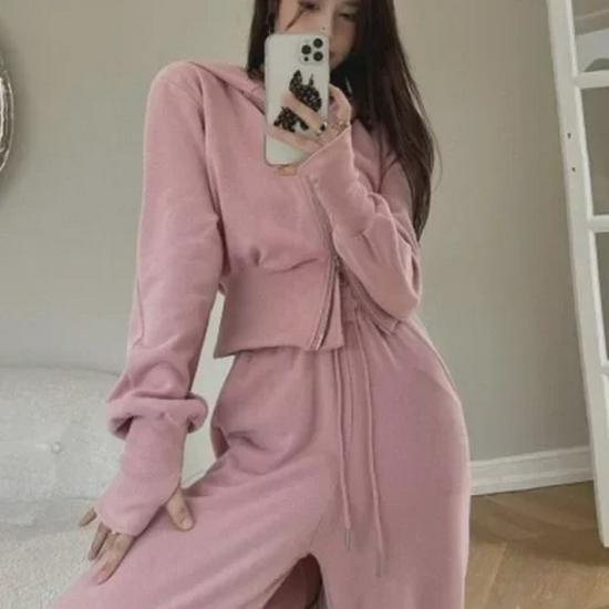 Completo Due Pezzi da Donna Cardigan con Zip Dimagrante e Pantaloni a Gamba Larga per Primavera e Autunno